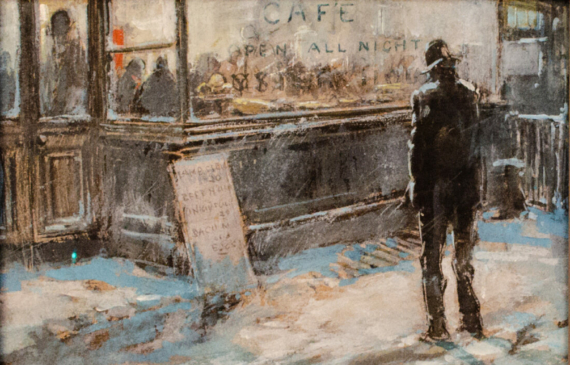 Alt text: Painting of a man standing in front of a cafe