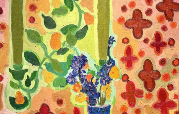 Alt text: Oil painting of a still life with flowers, in situ