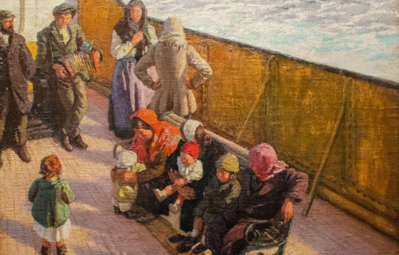 Alt text: Painting of emigrants aboard a ship