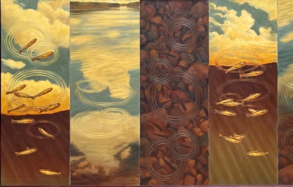 multi-panel painting of fish and clouds