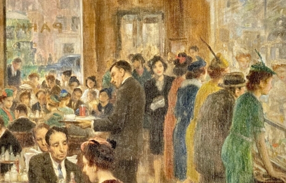 Alt text: painting of people in a crowded cafeteria