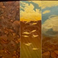 multi-panel painting of fish and clouds