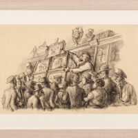 Alt text: drawing of a group of people looking at art, framed