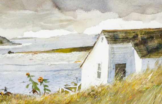 Alt text: Watercolor painting of a house on the shore