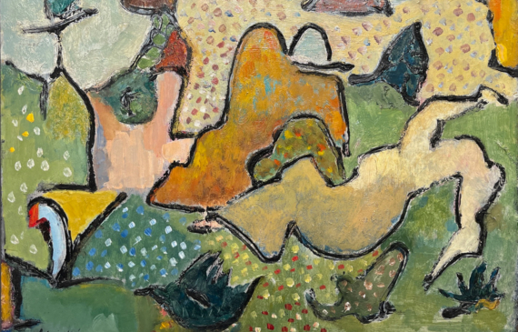 Alt text: Abstract painting of a picnic