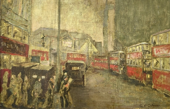 Alt text: Painting of a city street scene with double decker buses and pedestrians crossing the road