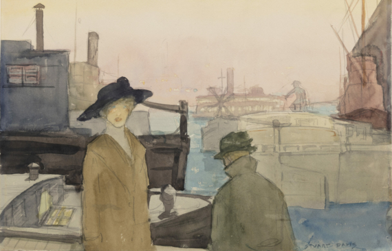 Alt text: watercolor painting of a woman standing in front of a harbor