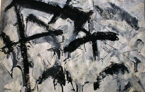 Alt text: Abstract black and white painting