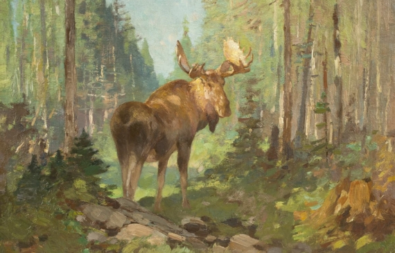 Alt text: Oil painting of a moose in a forest, looking back out at the viewer, without frame