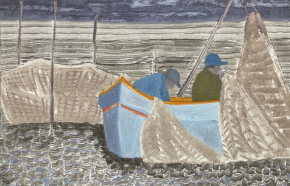 Alt text: Painting of two people with nets in a boat