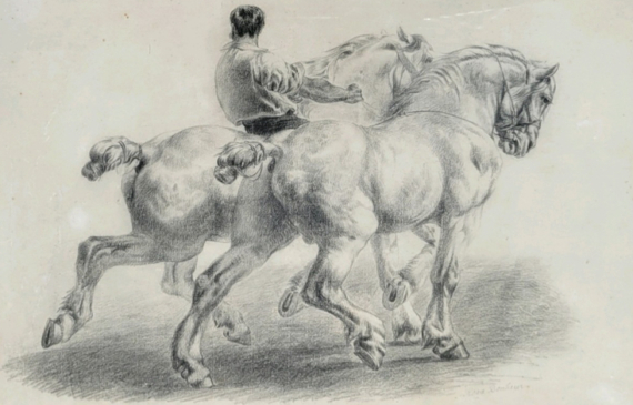 Alt text: Drawing of two horses and a man