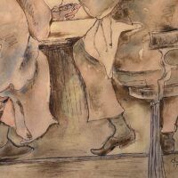Alt text: Painting of people sitting at a bar, detail