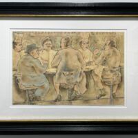 Alt text: Painting of people sitting at a bar, framed