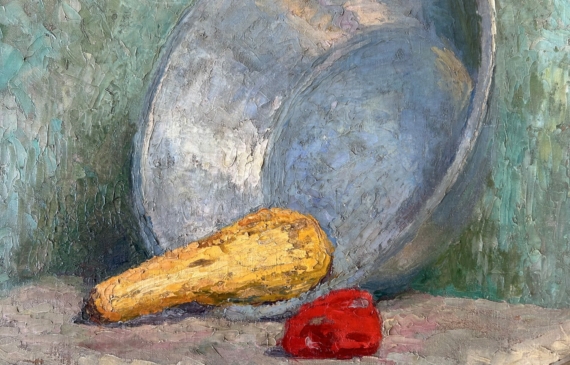 Alt text: Still life painting of fruit and a bowl