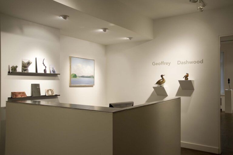 installation shot of Geoffrey Dashwood 2008 show, features bronze animal sculpture
